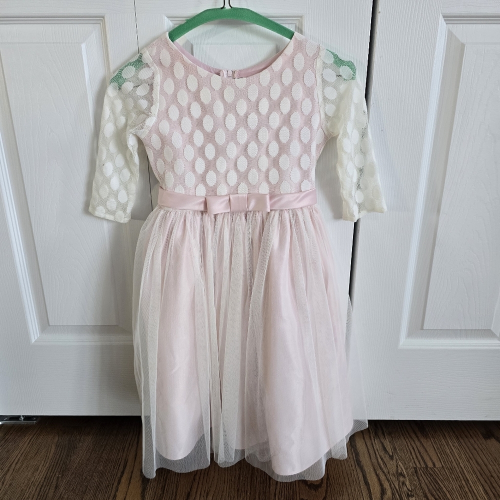 Sweet Kid's Charming Pink and White Polka Dot Dress W/ Tulle Overlay Siz…